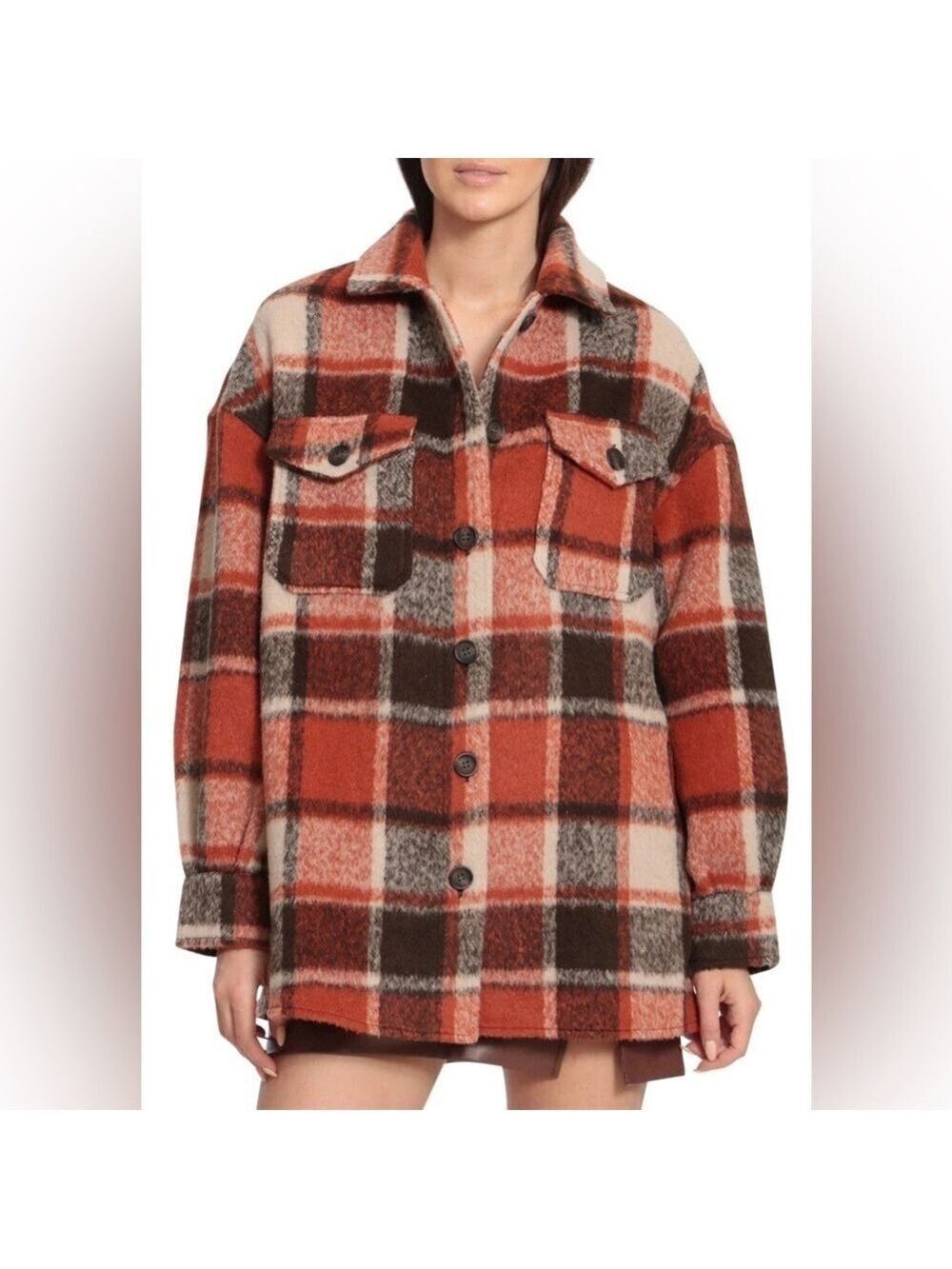 Avec Les Filles plaid jacket jacket Large Womens rust brown cream checked casual
